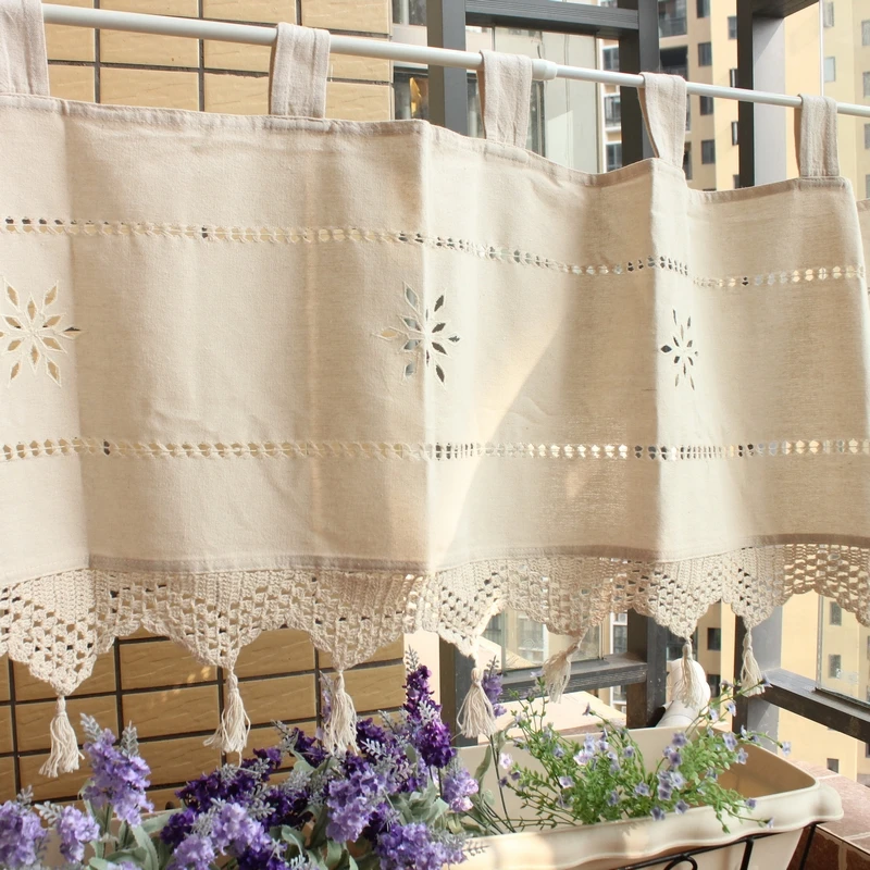 

Free shipping Pastoral Retro cotton canvas hollow tassel coffee curtain kitchen curtains for living room bedroom 150*45cm