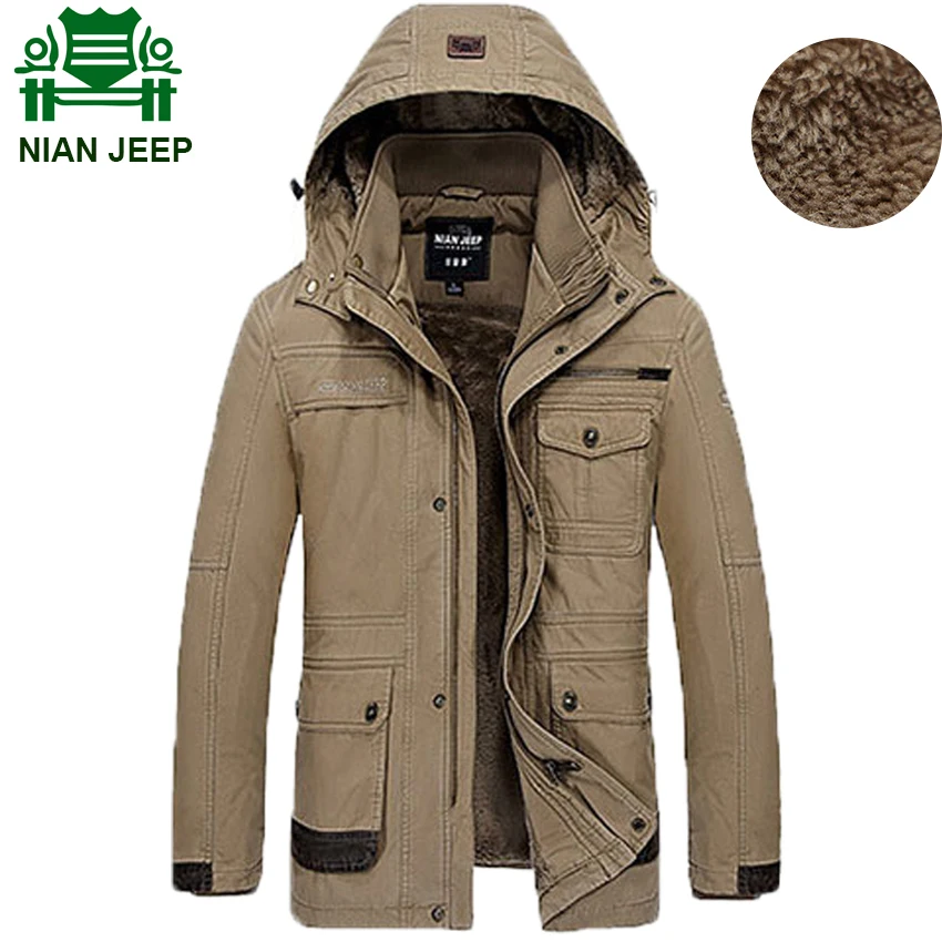 NIAN JEEP Brand Clothing Hooded Warm Fleece Liner Winter Jacket Fashion Outwear Parka for Men