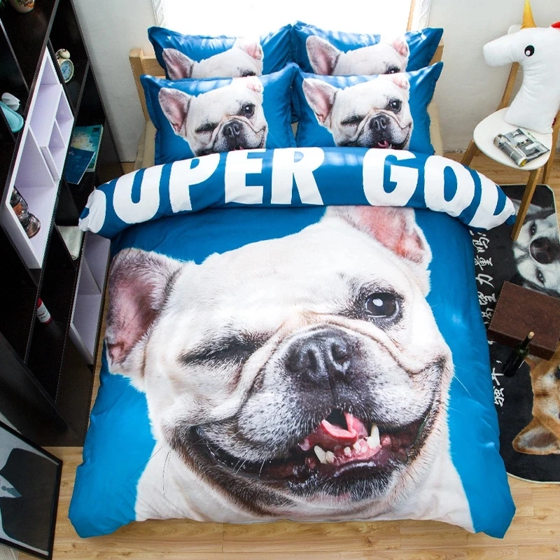 

pug bedding set blue and white duvet cover set single twin queen king size 3/4PC bedspread animal pillowcases kids home textile