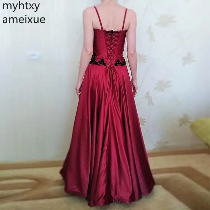 Элегантное вечернее платье на бретельках с v-образным вырезом Vestido De формальное красное платье с черной аппликацией вечерние кружевные платья больших размеров