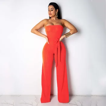 

Women's Sexy Solid Strapless Bodycon Jumpsuits Slim Off Shoulder Backless Long Wide Legs Rompers With Sash Summer Night Clubwear