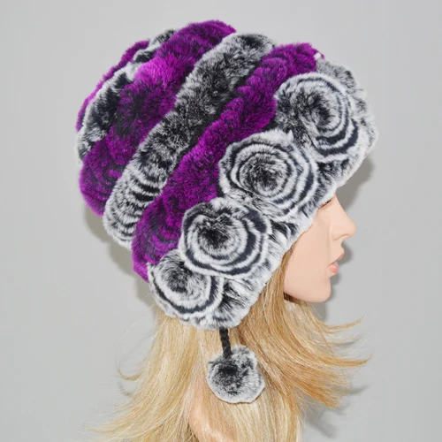 purple and grey Женские цветы настоящий мех кролика шапки бини вязаная натуральная шапка из меха кролика рекс зимняя теплая Дамская Настоящий мех кролика шапка - Цвет: purple and grey