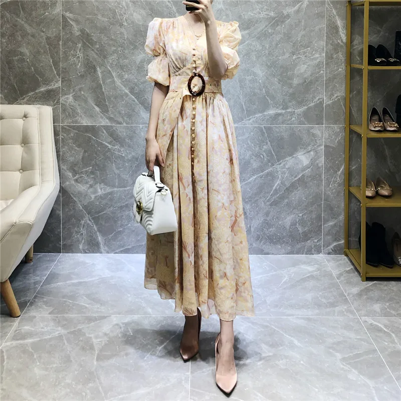 Zanzea Лидер продаж Vestido Longo Макси платье новое платье ретро суд v-образным вырезом однобортный с пышными рукавами печати талии макси женщины