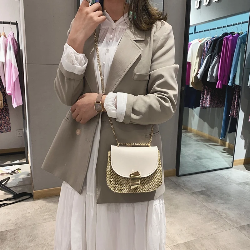 

Straw Shoulder Bag Small Flap Crossbody For Women Woven Bag Female Retro Beach Rattan Bag Chain Wicker