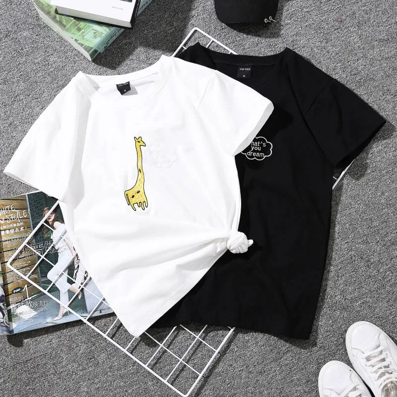 

Women Short Sleeve Cartoon Embroidery T Shirt Print Couple Tees Harajuku Students Plus Size White Female Graphic Striped T-shirt