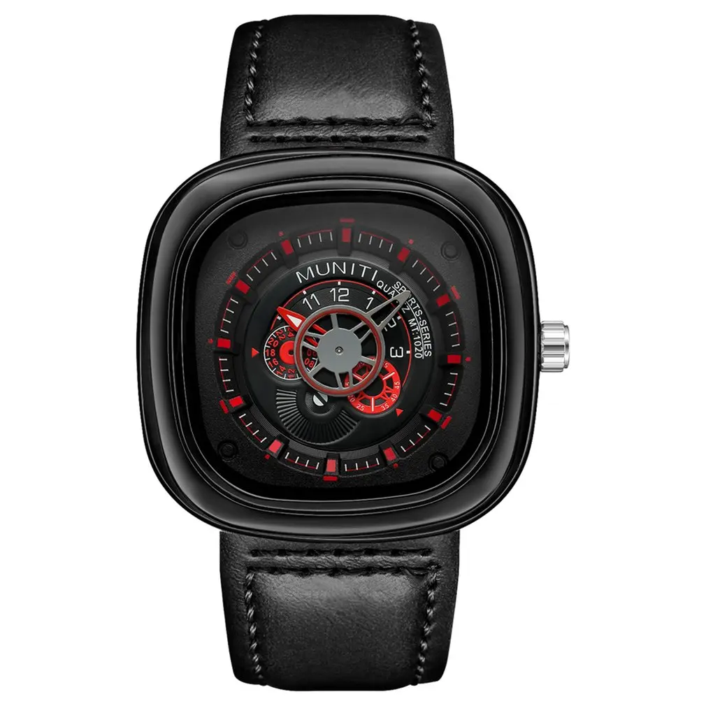 MUNITI мужские часы квадратной большой циферблат кожа кварцевые часы для мальчиков спортивные часы Мода Водонепроницаемый наручные часы Relogio