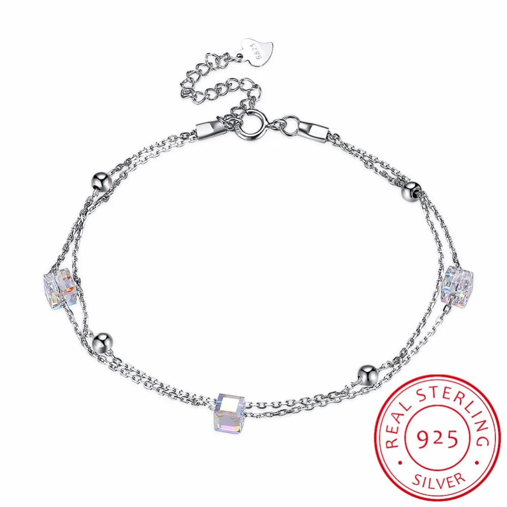 

LEKANI Genuine Crystals From SWAROVSKI 925 Silver Beads Strand Bracelets Bangles Double Chains Women Accessories Fine Jewelry