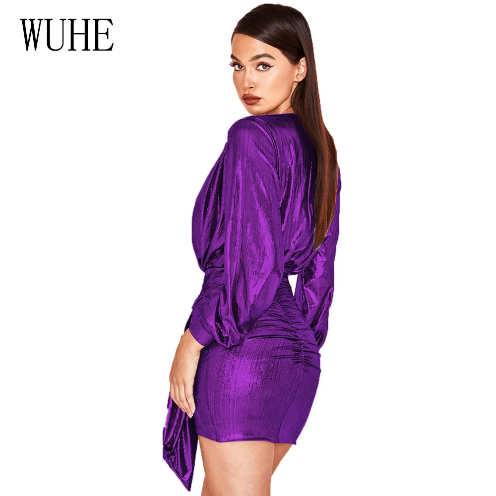 WUHE Bronzing Luxury Ribbed Solid Color Irregular Dress Women Puff Sleeve Deep V Neck Ruched Bandage Club Party Dresses Robe