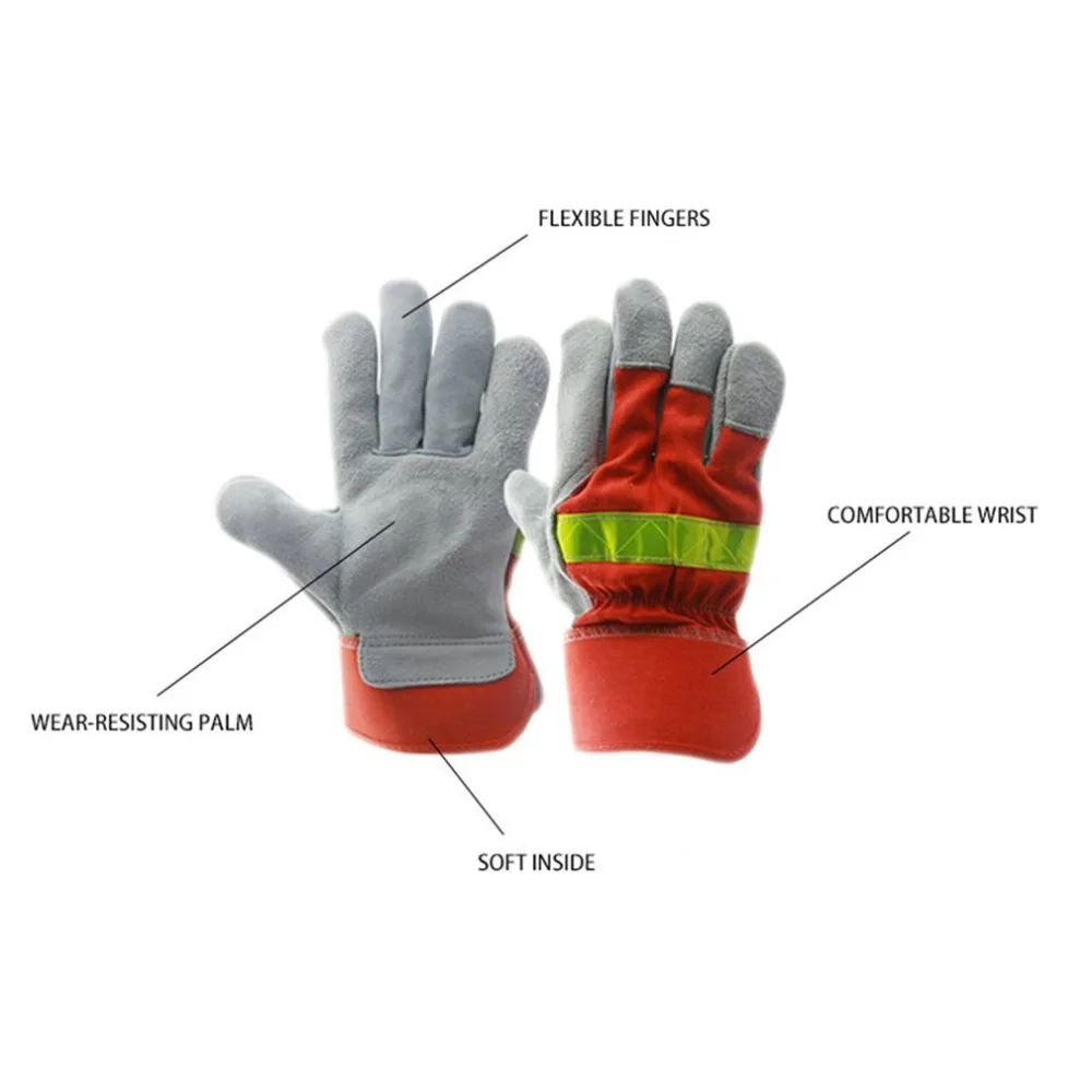 Кожаные рабочие перчатки со светоотражающим ремешком, защитные противопожарные перчатки, противопожарное оборудование, термостойкие перчатки