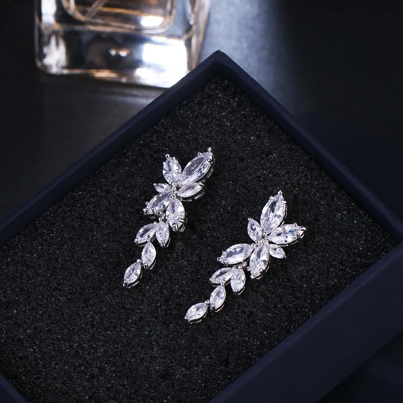 2018 Fashion Leaf Zircon Drop Earrings for Women White Gold Color Crystal Wedding Earrings Bridal Jewelry Gift brinco