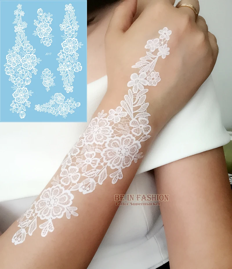 

1sheet White Lace Henna Flash Tattoo Butterfly Feather Fake Temporary Tatoo Sticker Summer Style Body Art Beauty Jewelry J017