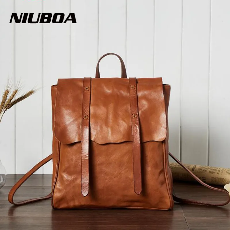 

NIUBOA Woman Backpack Genuine Leather Backpack Vintage Casual Natural Leather Laptop Shoulder Bag Euro Style Travel School Bags