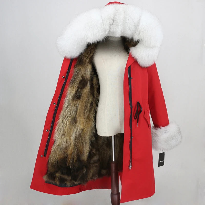 red natural white OFTBUY X-long Parka, водонепроницаемая тканевая зимняя куртка, Женское пальто с натуральным мехом, натуральный Лисий мех, капюшон, манжеты, подкладка из лисьего меха, съемная, Новинка - Цвет: red natural white