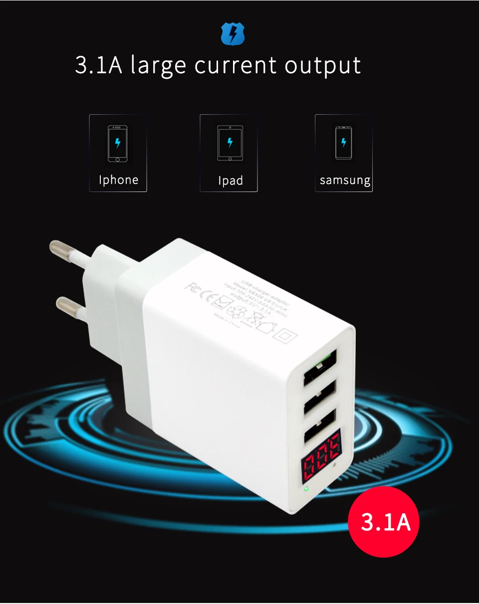 Wall Charger EU Adapter LED Display 3 USB Charger Universal Mobile Phone USB Charger Fast Charging For iPhone Samsung Xiaomi (5)