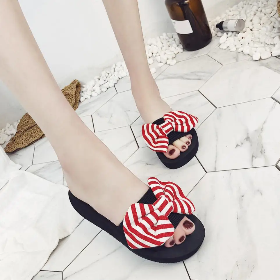 

MUQGEW Women Bow Summer Sandals Slipper 2018 Stripe Pattern Indoor Outdoor Flip-flops Wedges shoes women elegant Beach Shoes
