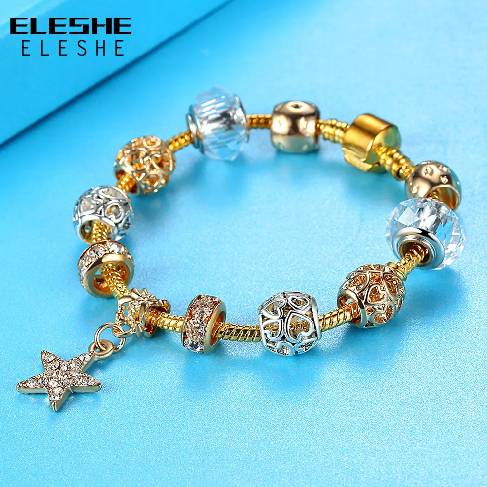 ELESHE Gold-color Charm Bracelets For Women Wishing Star Bracelets Bangles With Crystal Beads DIY Jewelry Pulseras 2018
