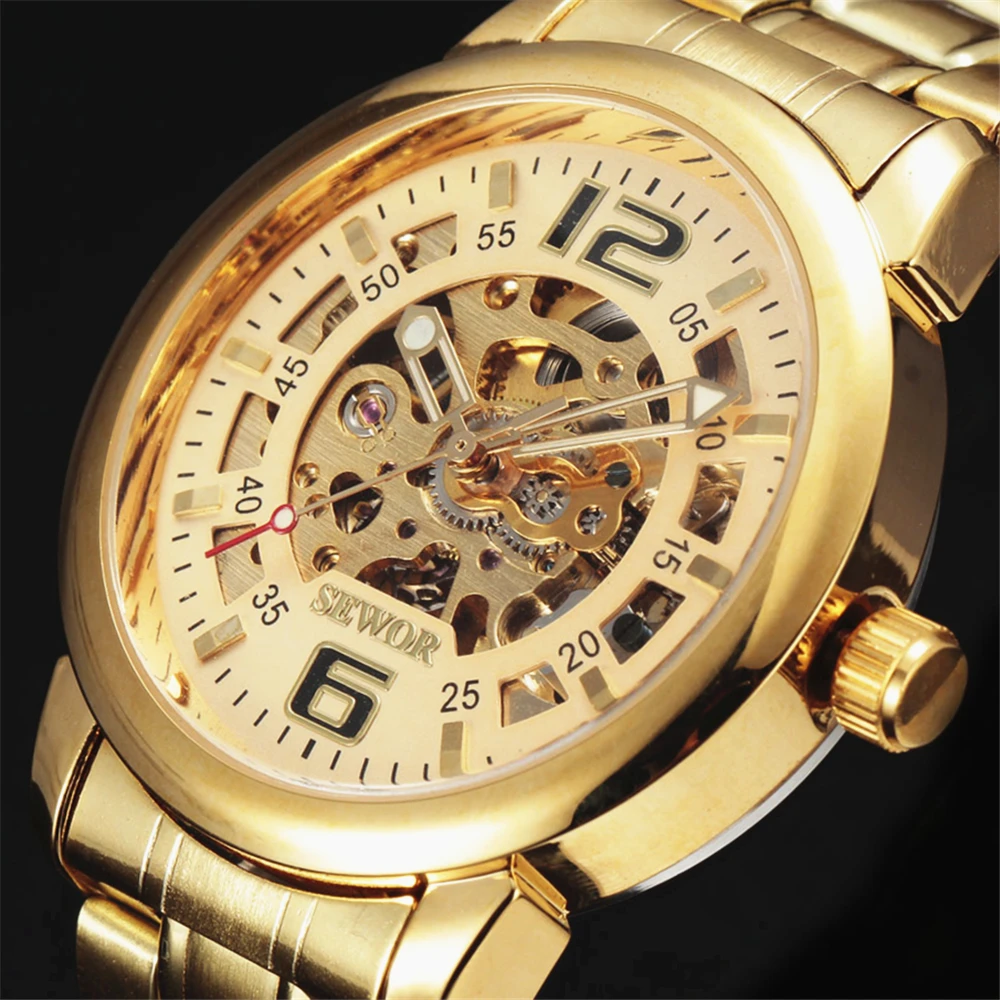 

SEWOR Watch Fashion Automatic Mechanical Watches Men Gold Hollow Cut Skeleton Dial Stainless Steel Band Clock Relogio Masculino