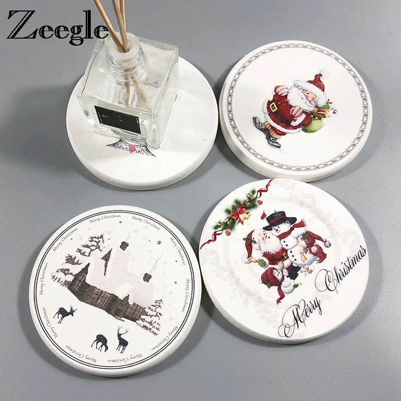 Zeegle Christmas Pattern Cup Mat Diatom Mud Coasters Mug Tea Holder Pads Non-slip Heat Proof Coffee Drink Coaster Table Placemat | Дом и сад