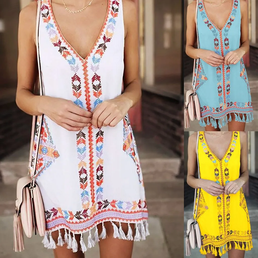 

Women Fashion Summer Bohemia Tassel Casual Print Sleeveless Beach Mini Dress Stylish Collar Sleeveless Printed Color Block#g4