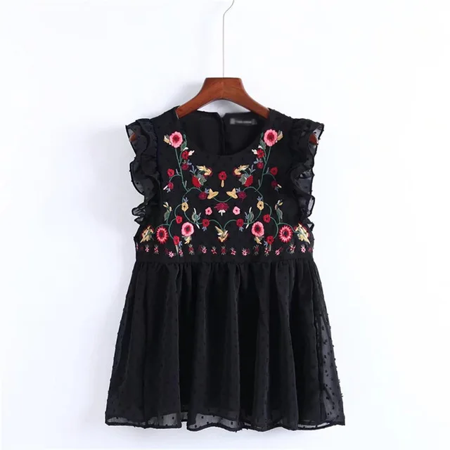 Летние Винтаж Цветочная шифоновая блуза с вышивкой Для женщин топы без рукавов с оборками и низким вырезом прозрачные черные блузки рубашки Vetement Femme - Цвет: Черный