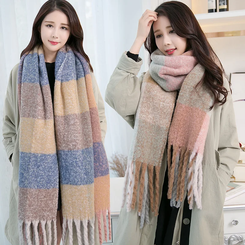 Online Bufanda gruesa de Invierno para mujer 2019 nuevos chales a cuadros y envolturas con borla oversize Echarpe señoras Vintage cálida manta bufandas