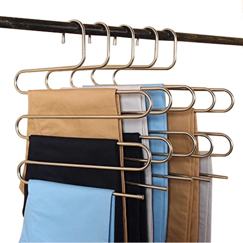 FHEAL 5 Tier Stainless Steel S Type Pants Hangers Multifunction Trouser Tie Scarfs Belt Towel Non-slip Magic Hanger Storage Rack (21)