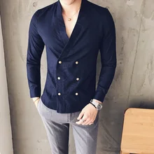 2017 Men Double Breasted Shirts Black Camisa Social Slim Fit Club Outfits Korean Clothes Blouses Chemise Homme Casual Big V-Neck