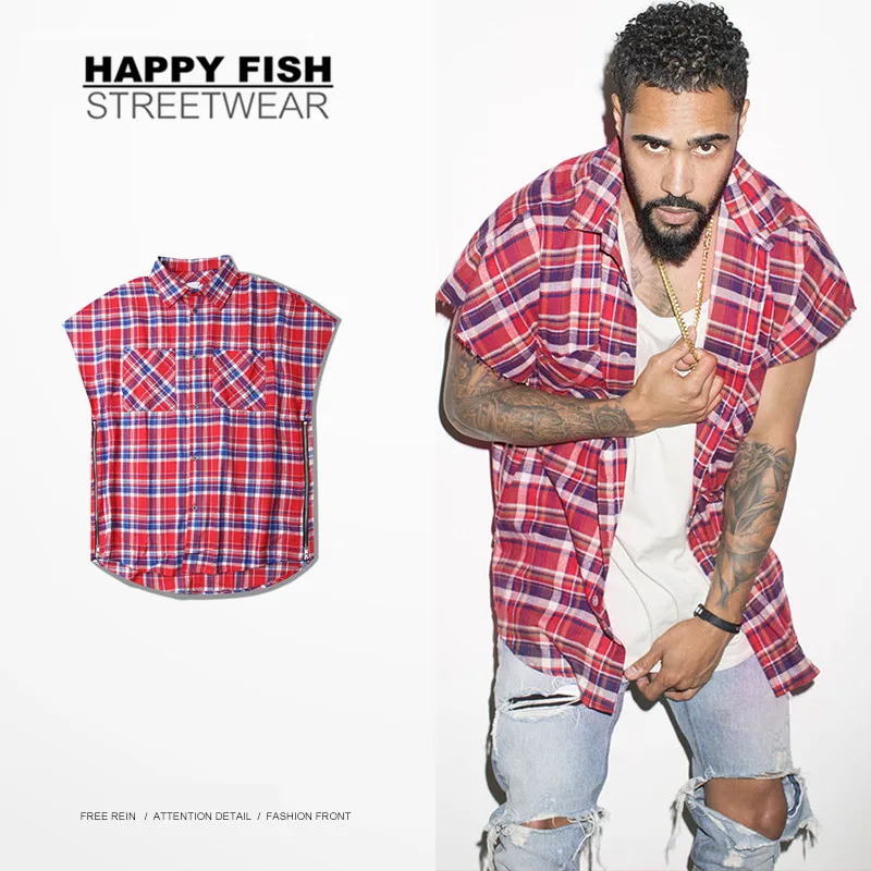 High Street 16SS Hip Hop Shirts Sleeveless Men font b Tartan b font Plaid Fashion Bieber