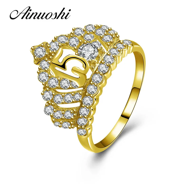 

AINUOSHI Luxurious Queen Crown Ring 10K Solid Yellow Gold Princes Ring Bridal Ring 15th Anniversary Jewelry Women Wedding Ring