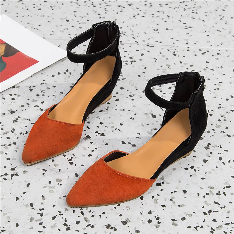 Women Wedge Ankle Strap Pumps Zipper Suede Leopard Pointed Toe Shallow Ladies Shoes Summer Plus Size Casual Sandals New Female - Цвет: Orange and Black