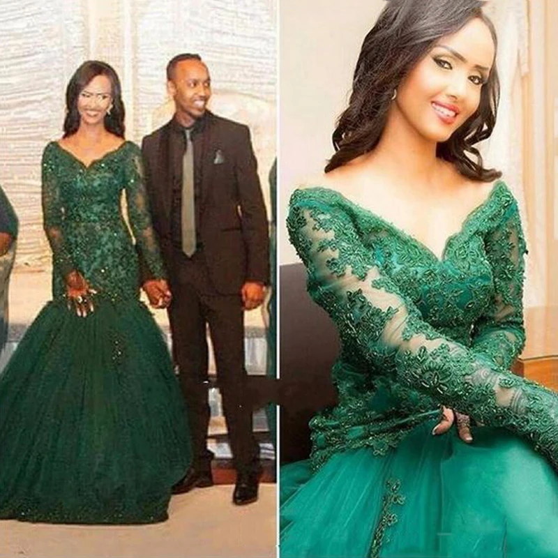 

Gorgeous Green Appliques Floor Length Full Sleeves Mermaid Evening Dress Long Women Formal Evening Gowns Celebrity Maxi Gown