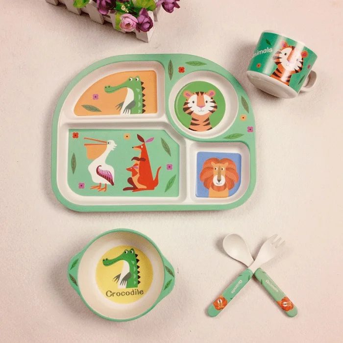 5 шт./компл., детская посуда из бамбукового волокна, набор для малышей, Детская тарелка с мультипликационным принтом, разделительная