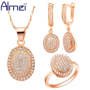 

Alemi African Rose Gold Color Fashion Wedding Jewelry Set Rhinestone Crystal Cz Zircon-Ring Earring Statement Necklace T136