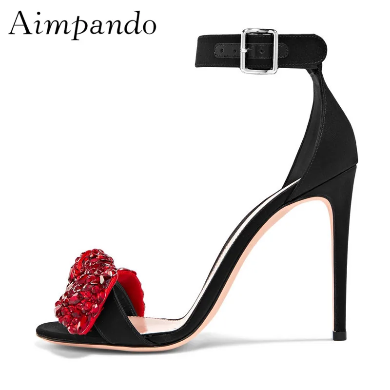 

Crystal Butterfly-knot Gladiator Sandals Women Stiletto Heel Ankle Strap Open Toe Red Rhinestone Summer Sandalias Mujer