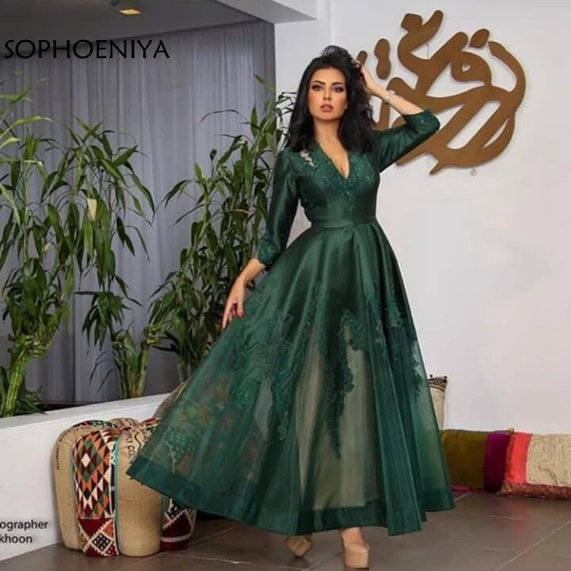 Новое поступление вечернее платье с v-образным вырезом зеленый Дубай Кафтан Вечернее Платье длинное Abendkleider abiye вечерние платья