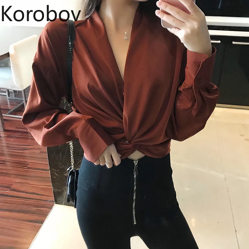 Женские короткие Блузы Korobov корейские облегающие рубашки с v образным вырезом и