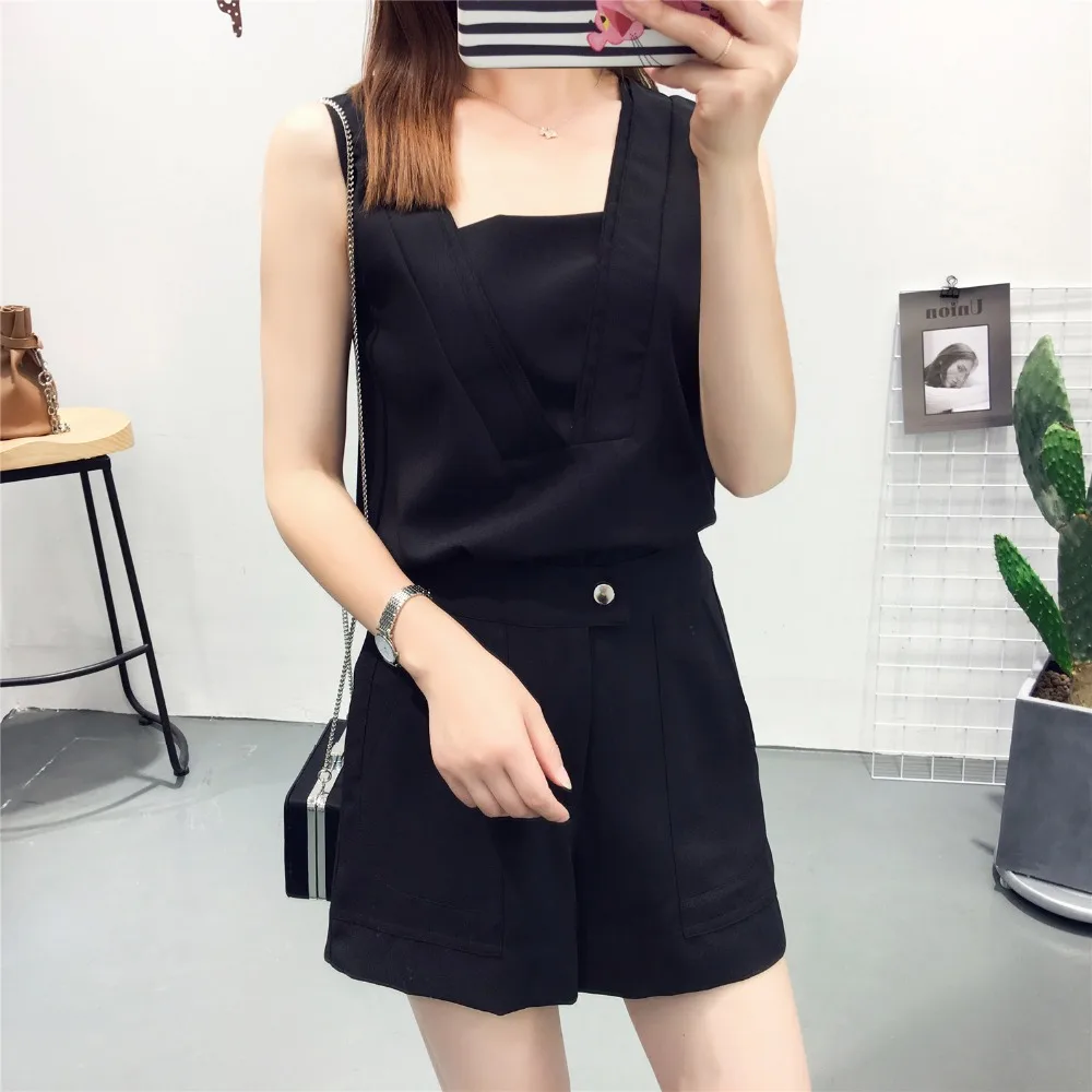 Two Piece Set Women Korea Hot Female Shorts and Blouses V neck Sleeveless Tops Black Shorts 2017