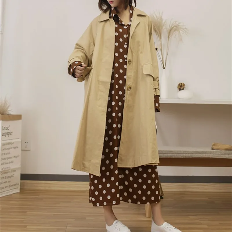 

2019 New Spring Woman Cotton Casual Coats Long Turn down Collar Solid Loose Trenches Outerwears Over Knee