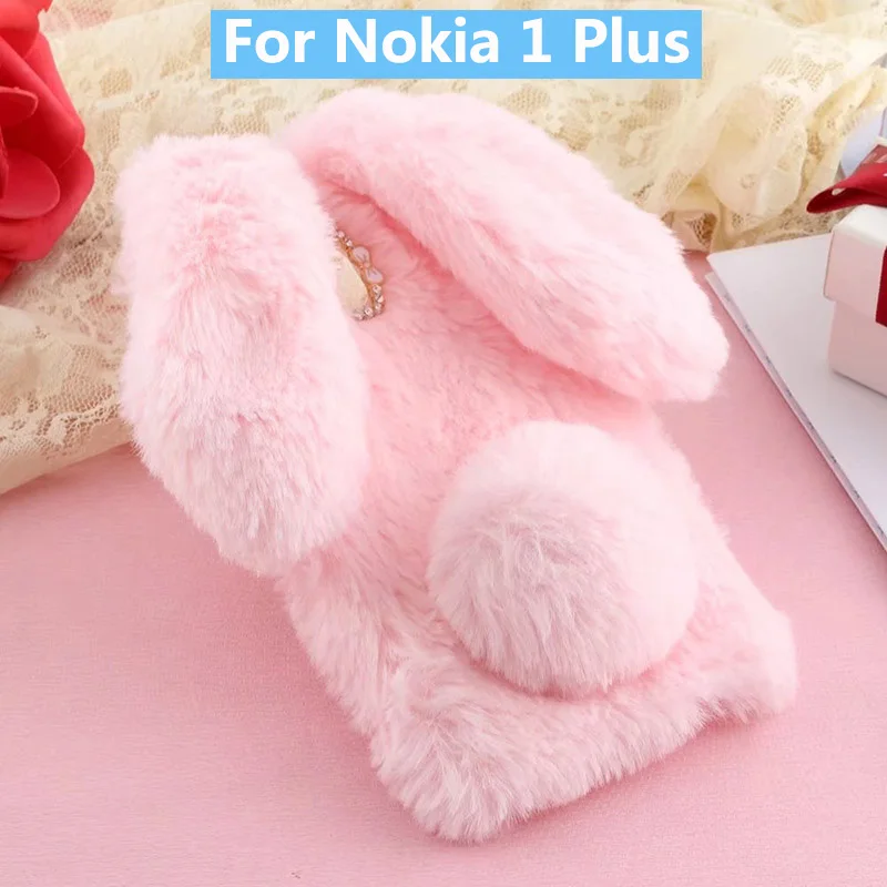 Плюшевый чехол с кроликом для Nokia 1 Plus, мягкий мех, милый 3D кролик, уши ТПУ, блестящий алмазный Пушистый чехол для Nokia 1 Plus