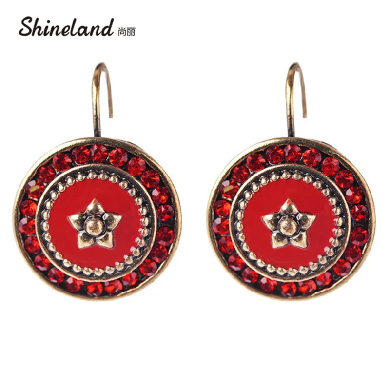 

Brinco Fashion Gold-color Charm Red Rhinestone Enamel Round&Flower Shape Classic Clip On Earrings Statement Jewelry Bijoux2018