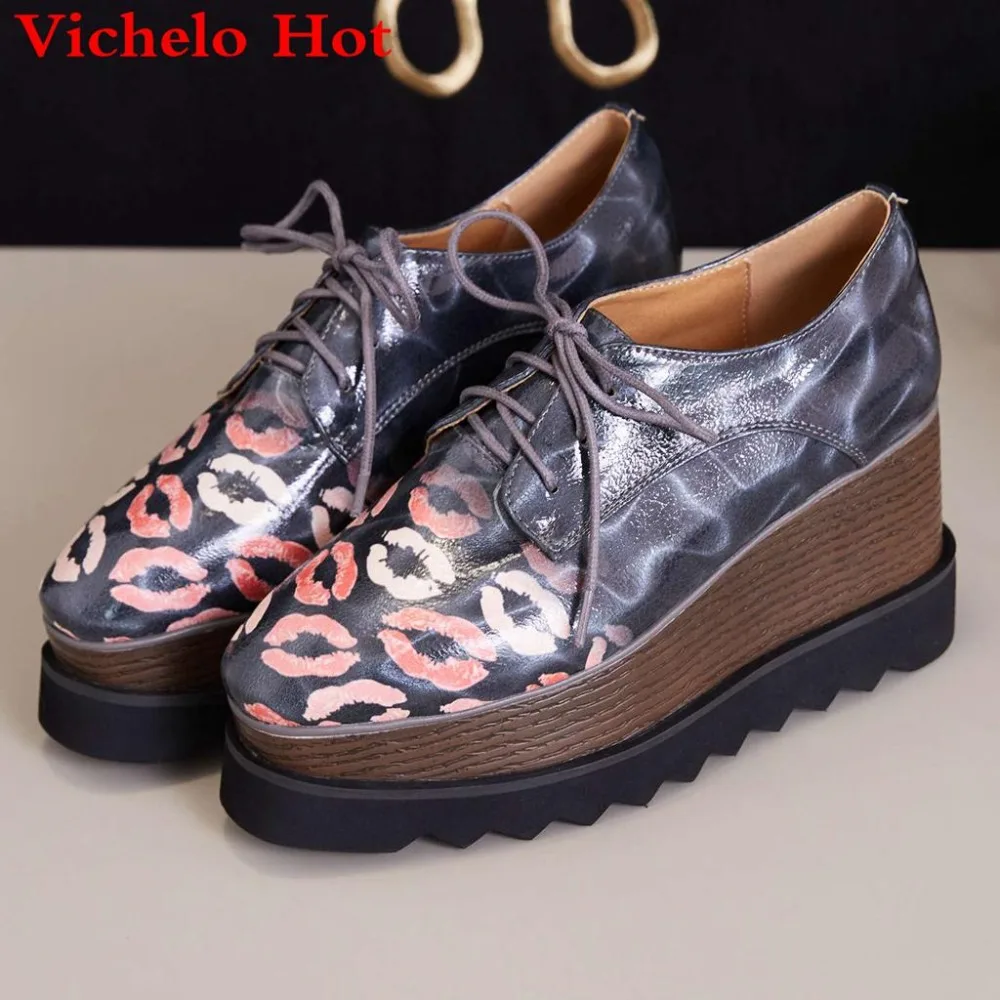 

Vichelo Hot colorful labium pattern genuine leather original design plus size punk concise style lace up dating women pumps L01
