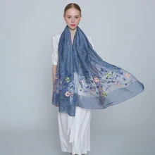 Женские шарфы, натуральный шелк, шерсть, длинный шарф, палантины, Цветочная вышивка, шаль, обёрточная бумага, женские шарфы, мягкий женский платок, хиджаб для защиты от солнца