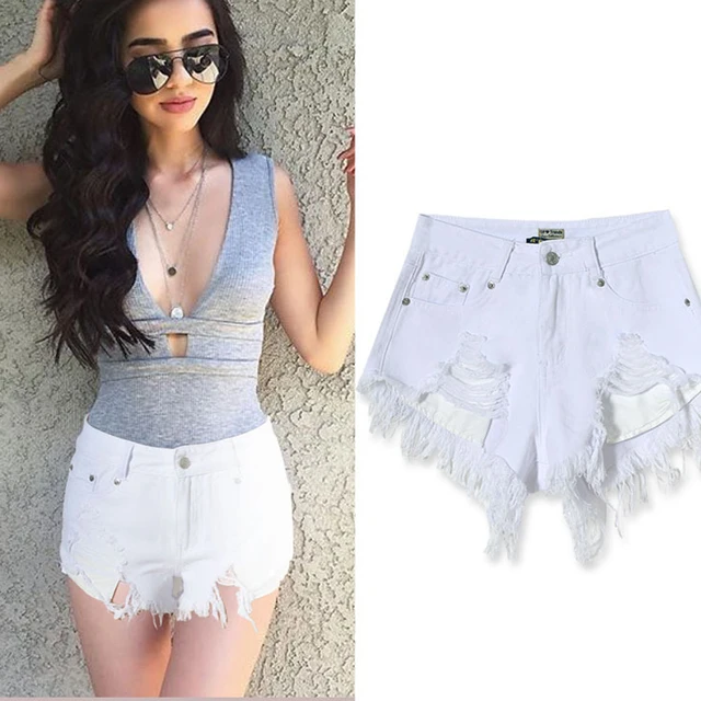 Olrain Women Sexy White High Waist Ripped Hole Tassel Fringe Distressed Denim Shorts Summer