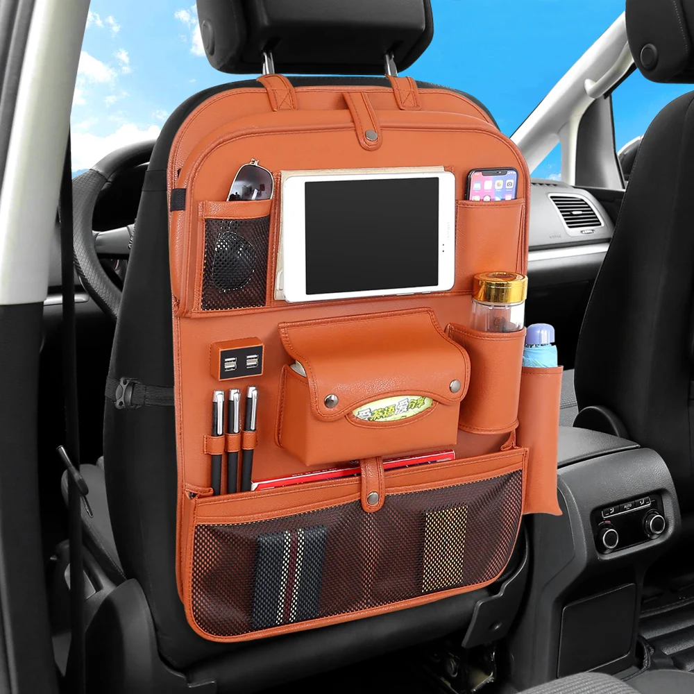 Car Leather Firm Back Seat Storage Hang Bag Organizer Stowing Tidying Baby Kids Sundry Specially Automobile Interior Accessories - Color Name: Brown