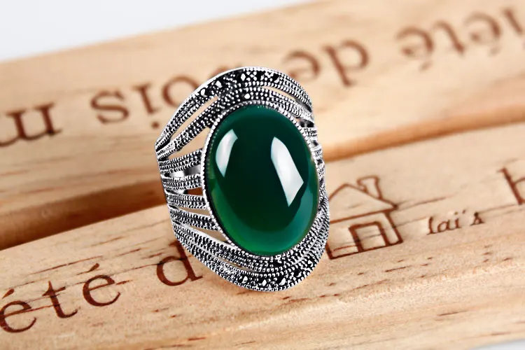 

925 silver jewelry inlaid Topaz Green Agate Gem index finger pulp exaggerated retro female models to ring