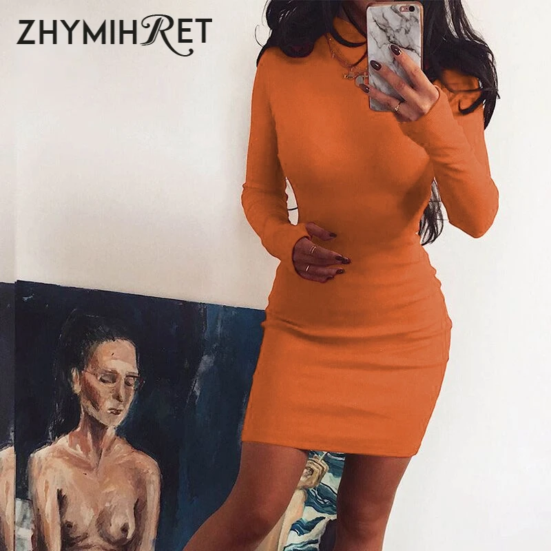 ZHYMIHRET, элегантное платье в рубчик с воротником, для женщин, Осень-зима, мини облегающее платье, неоновый цвет, длинный рукав, vestidos Mujer