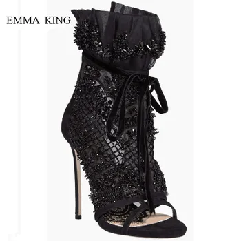 

Summer Luxury Crystal Ruffles Sandalias Mujer Sexy Women Open Toe Lace Zipper Black High Heels Party Sandals Stage Shoes Woman