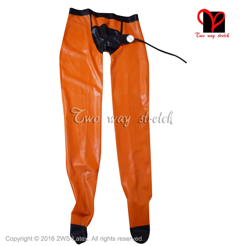 Sexy Orange Latex Leggings Penis Sheath Piss Tube Bcock Ball Long Rubber Pants Latex Trousers Condom Plus Size XXXL KZ-100