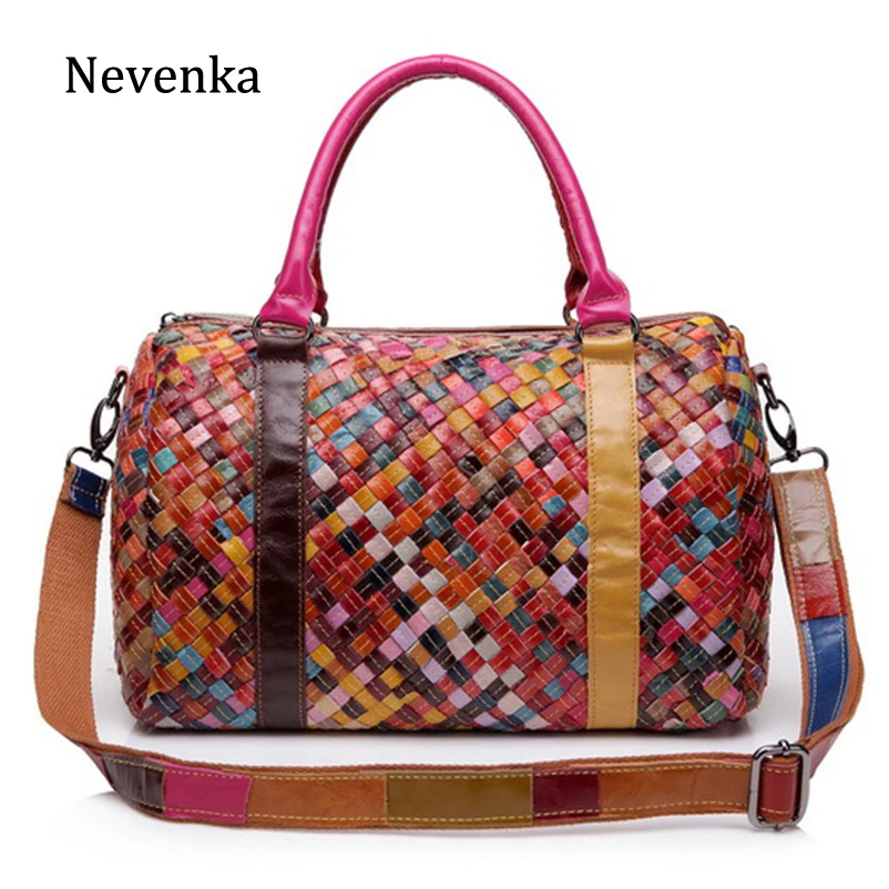 

Nevenka Genuine Leather Travelling Bag Large Capacity Travel Totes Female Waterproof Travel Duffle Top-handle Knitted Bag 2018