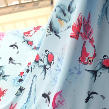 

Chinese Geomantic Ink Goldfish Seabed World Sky Blue Chiffon Dress Decorative Curtain Fabric